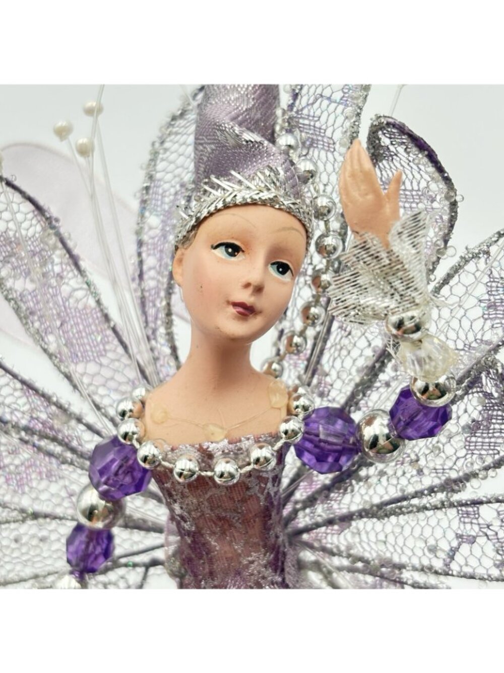 Vintage Purple Pixie Fairy Christmas Tree Ornament Hanging Beaded Shiny 8” Girl - Picture 13 of 16